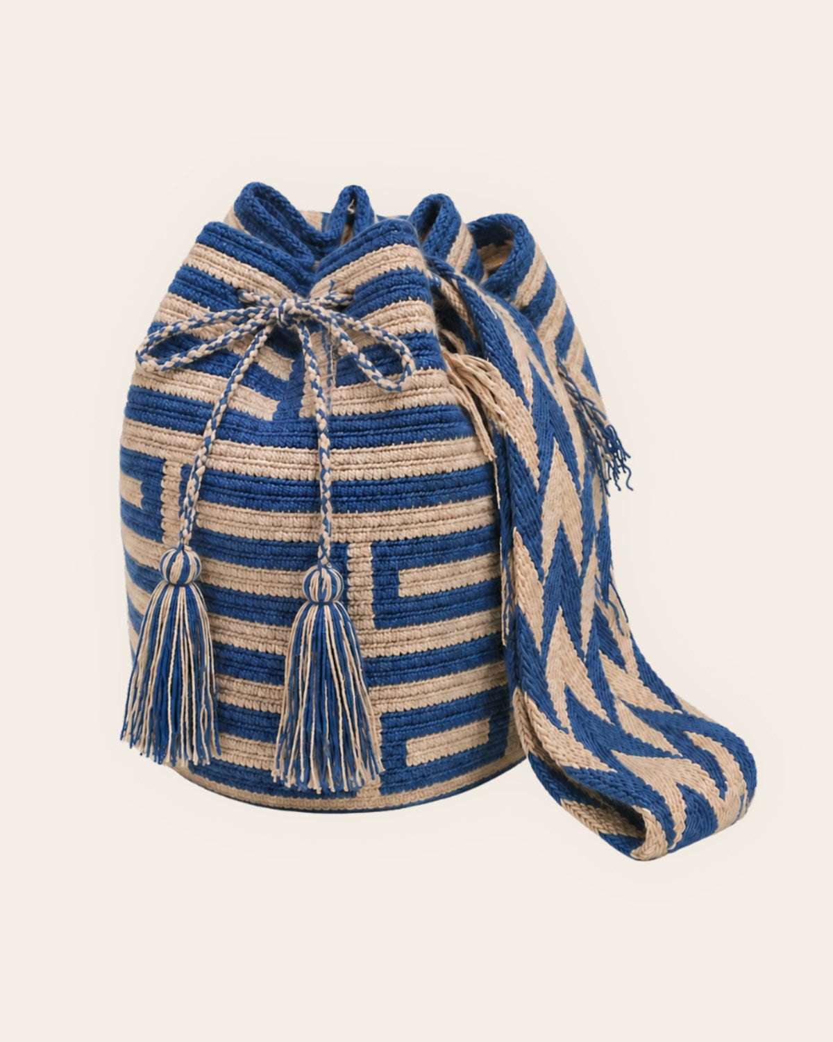 Maresa Blue & Sand Maze Pattern Wayuu Crochet Classic Mochila front view