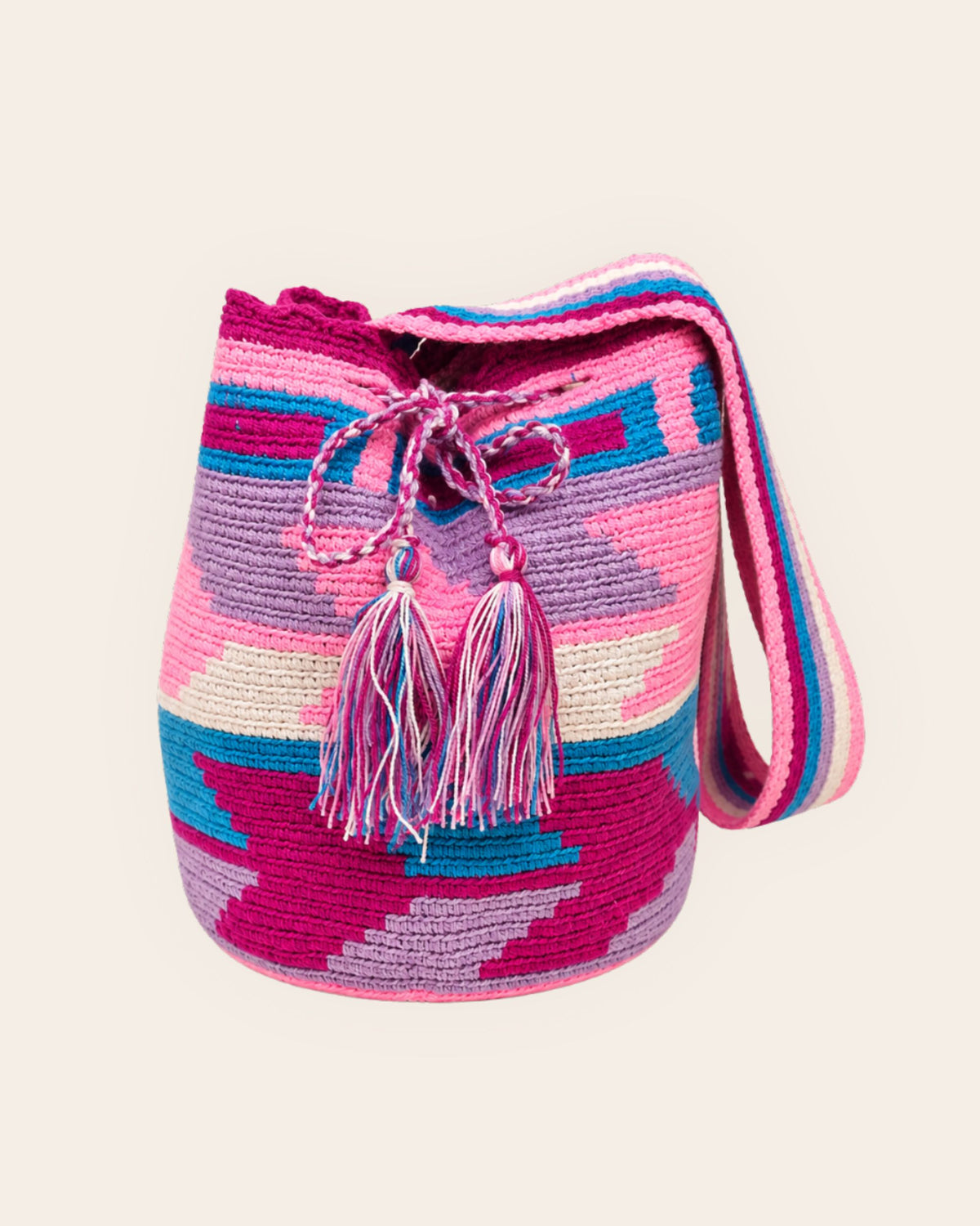 Maresa Orchid Lagoon Wayuu Crochet Mochila front view.
