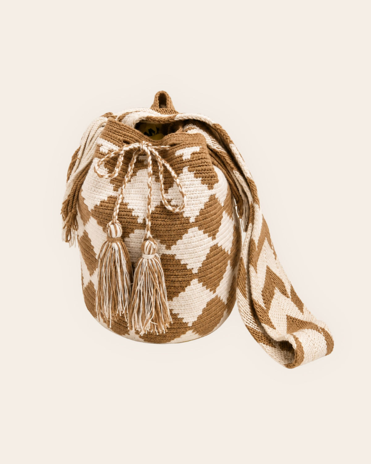 Maresa Camel & Ivory Diamond Pattern Wayuu Crochet Classic Mochila front view