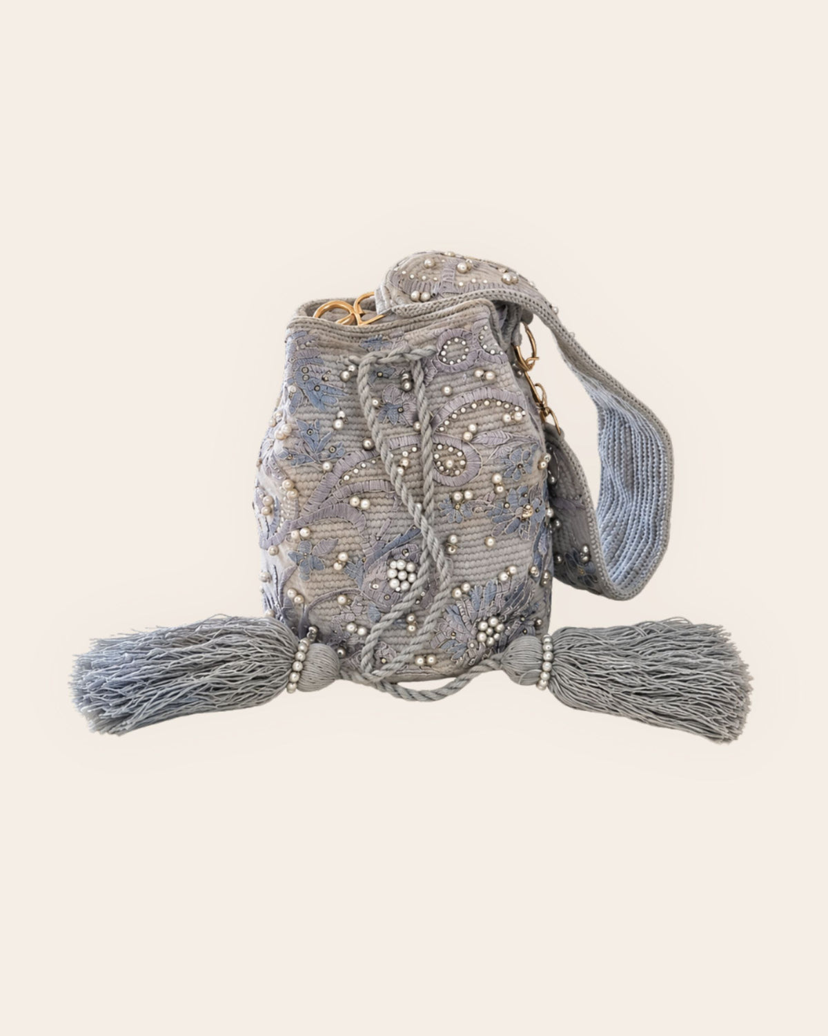 Pearl grey botanical embellished handmade occasion bag with pearl-effect beads and tassels