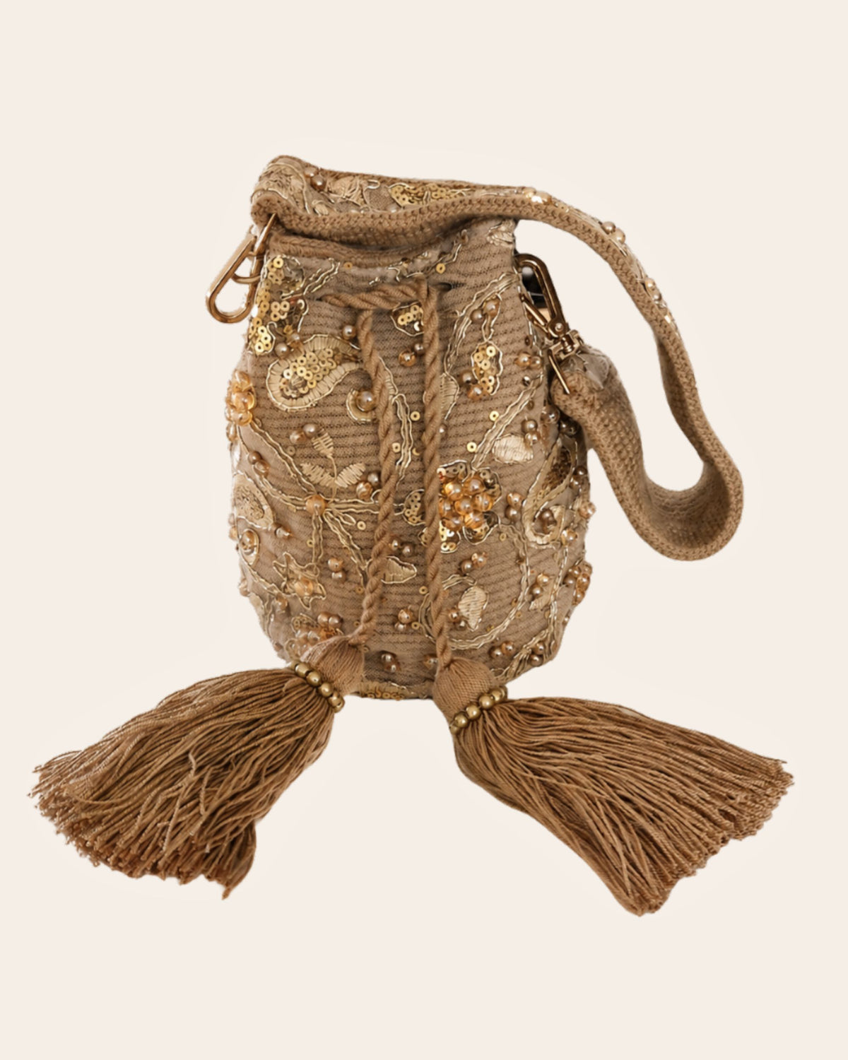 Champagne gold handmade occasion bag with floral beadwork, sequins, tassels and handwoven shoulder strap