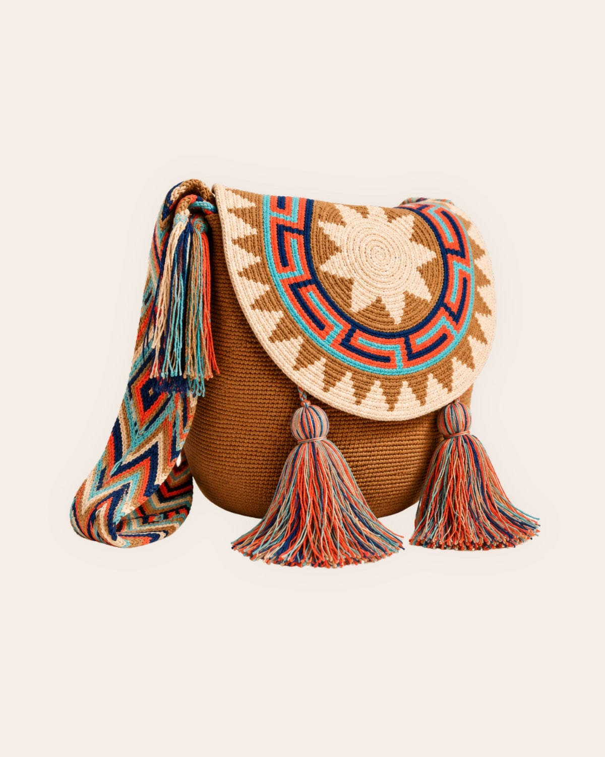 Camel Multi Wayuu crochet artisan flap bucket bag front view