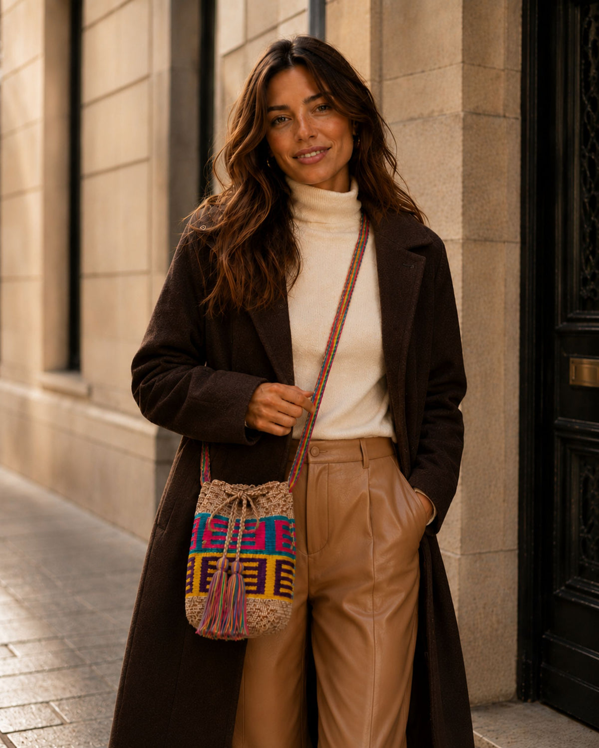 Maresa Camel Multi-Colour Wayuu Crochet Mini Mochila autumn lifestyle