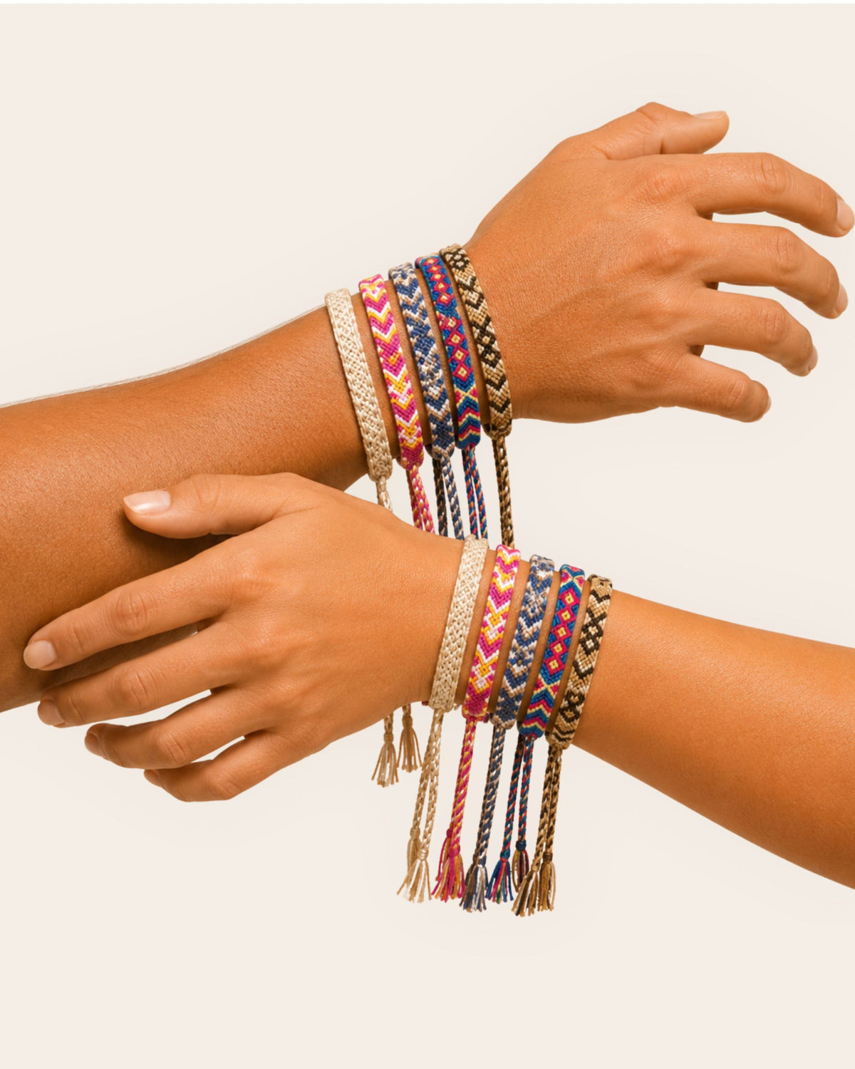Maresa handmade Wayuu woven bracelet collection styled on wrists in five colourful artisan designs