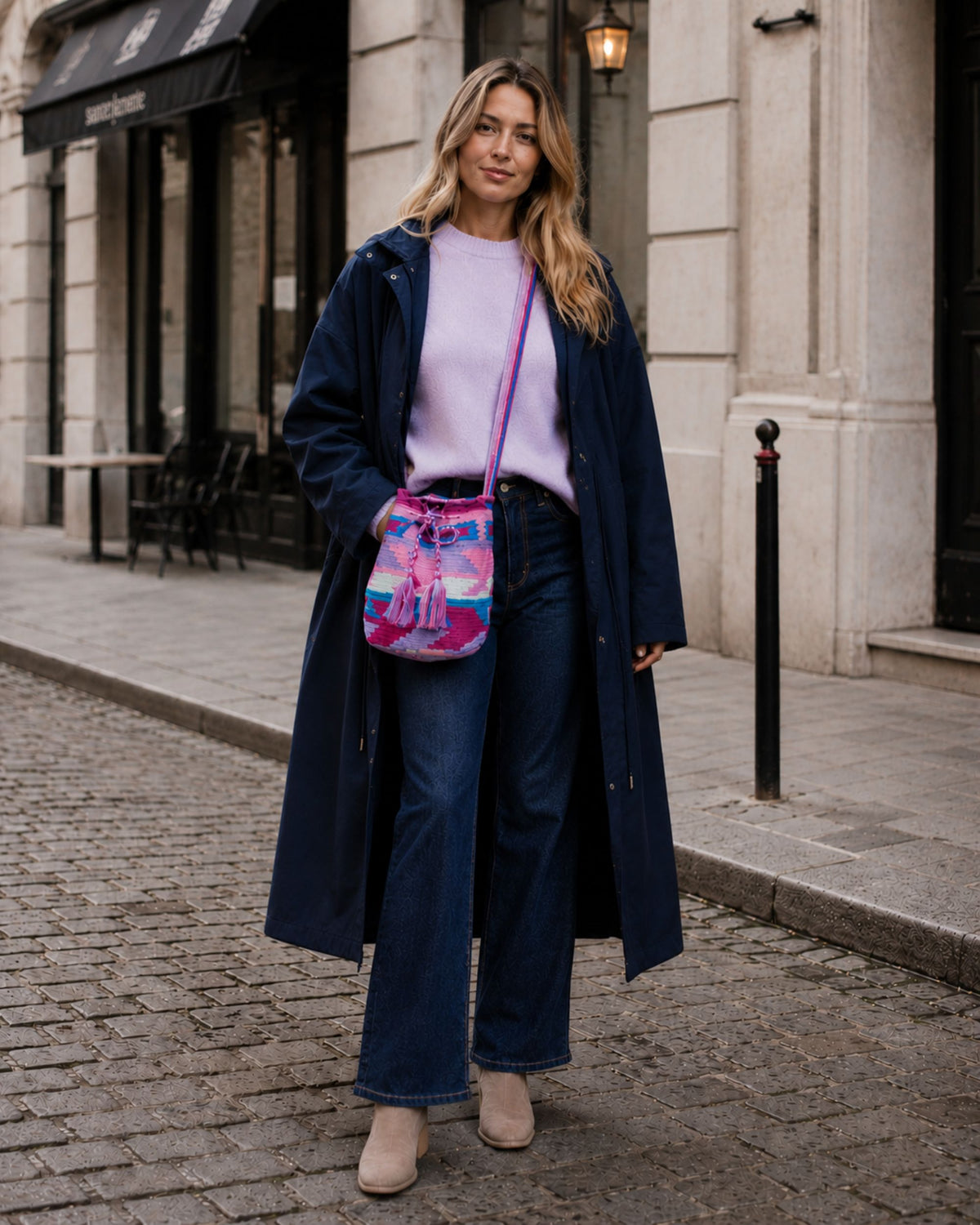 Maresa Orchid Lagoon Wayuu Crochet Mochila styled for autumn.