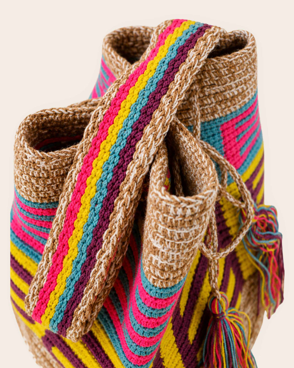 Handwoven shoulder strap detail on the Camel Multi-Colour Wayuu Crochet Mini Mochila