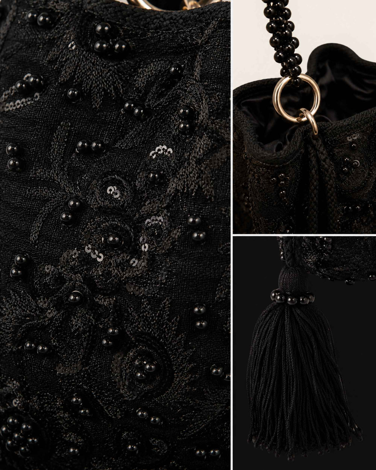 Close-up details of the Midnight Noir bag showing tonal embroidery, black sequins, beads, gold-tone hardware and a handcrafted tassel