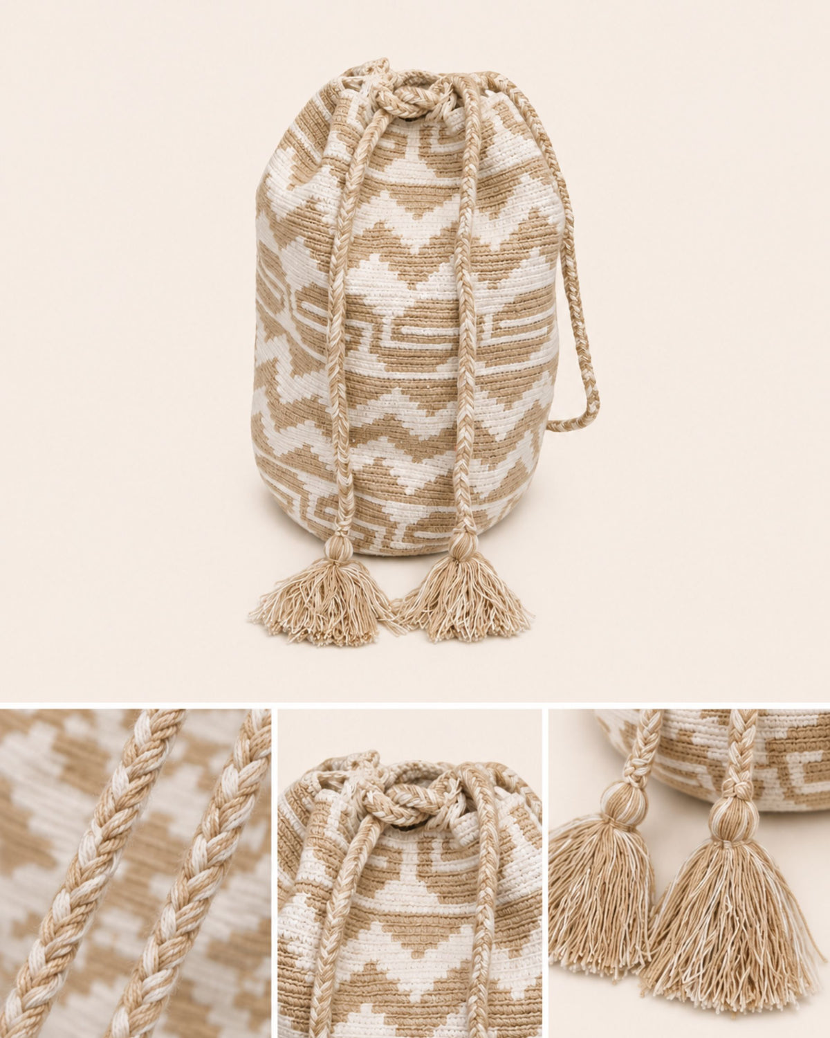 Back view of the Maresa Sand & Ivory Handwoven Drawstring Backpack