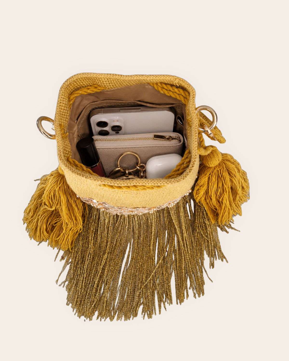 Maresa Golden Ochre Fringe Embellished Handmade Occasion Bag interior capacity