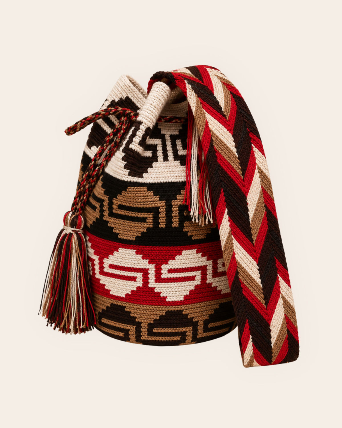 Maresa Red, Camel & Black Maze Pattern Wayuu Crochet Classic Mochila side profile