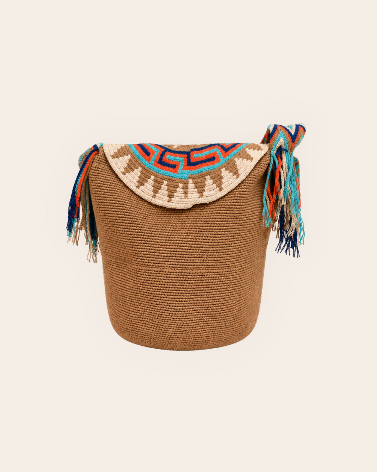 Rear view of Camel Multi Wayuu crochet artisan flap bucket bag