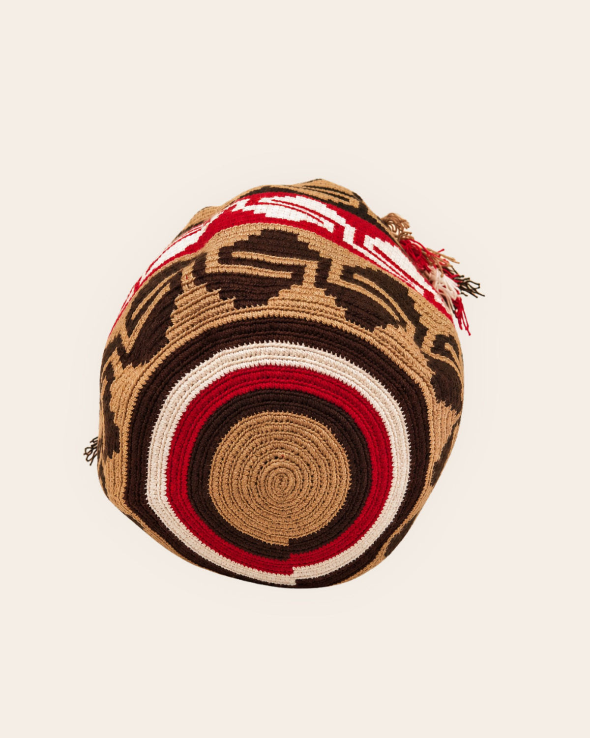 Maresa Red, Camel & Black Maze Pattern Wayuu Crochet Classic Mochila circular base