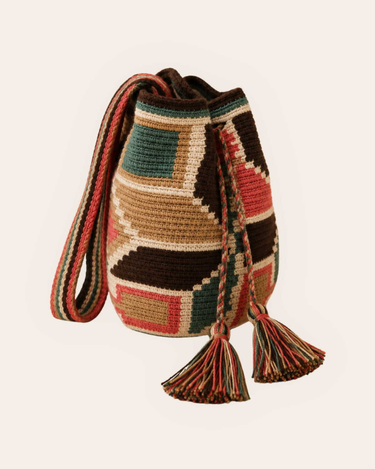 Side profile of the Forest Mosaic Wayuu Crochet Mini Mochila