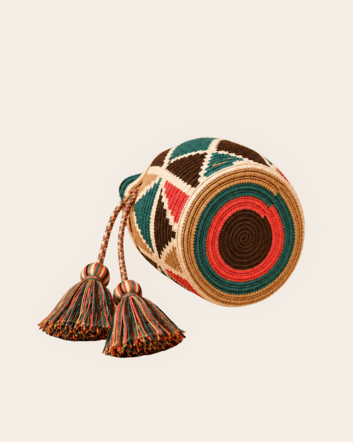 Circular handmade crochet base of the Forest Mosaic Wayuu Crochet Mini Mochila