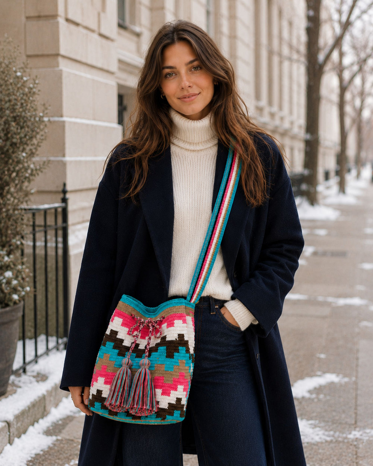 Maresa Turquoise, Fuchsia & Chocolate Wayuu Crochet Mochila styled for autumn.