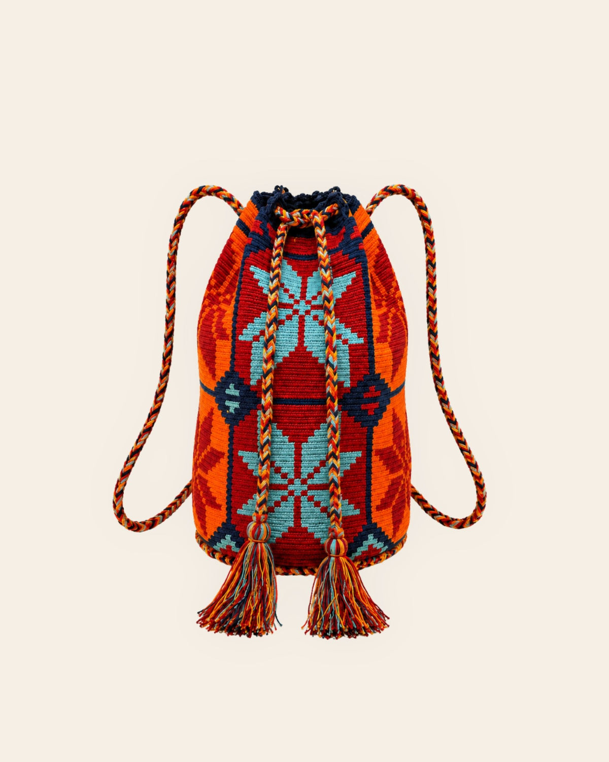 Maresa Sunset Horizon Wayuu Crochet Handwoven Drawstring Backpack front view