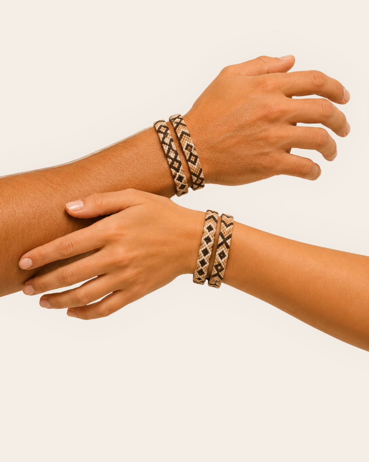 Maresa Chocolate and Sand handmade Wayuu woven bracelet with geometric pattern worn on the wrist 