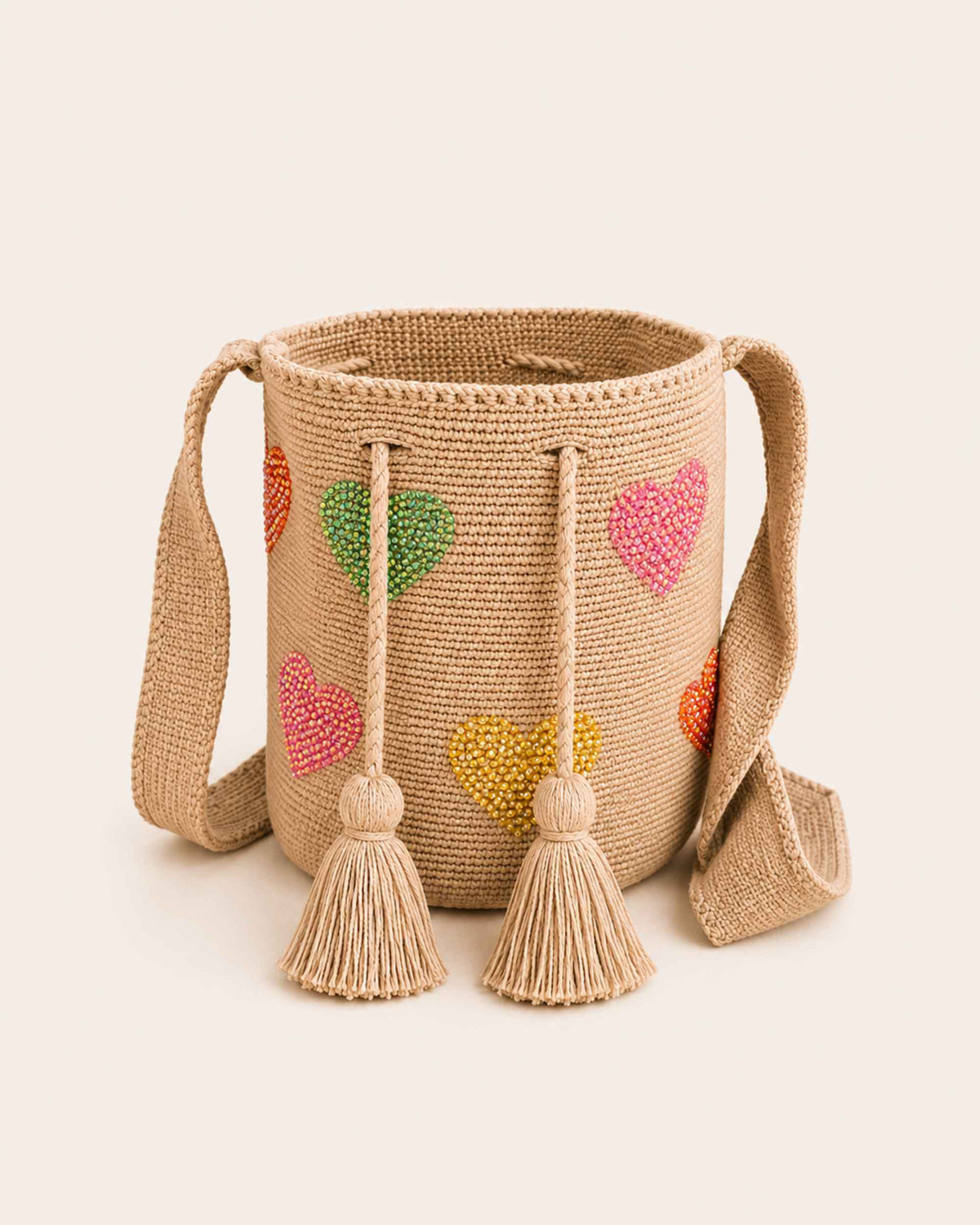 Heart Embellished Wayuu Crochet Bag