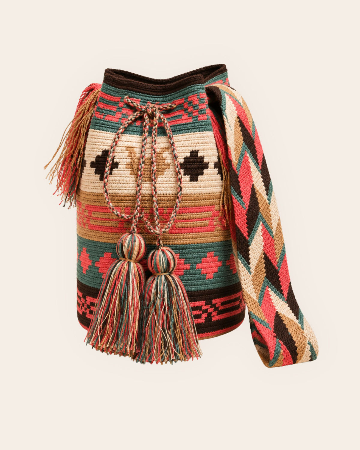 Coral Oasis geometric pattern Wayuu crochet Classic Mochila in coral, sage, sand and chocolate