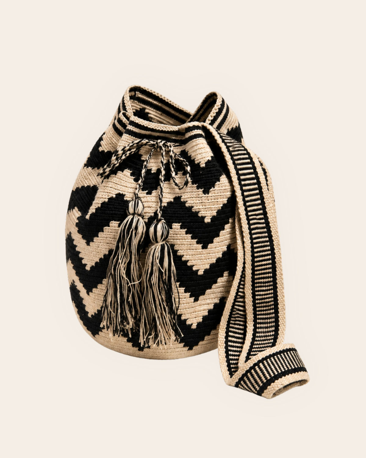 Maresa Sand & Black Chevron Pattern Wayuu Crochet Classic Mochila front view