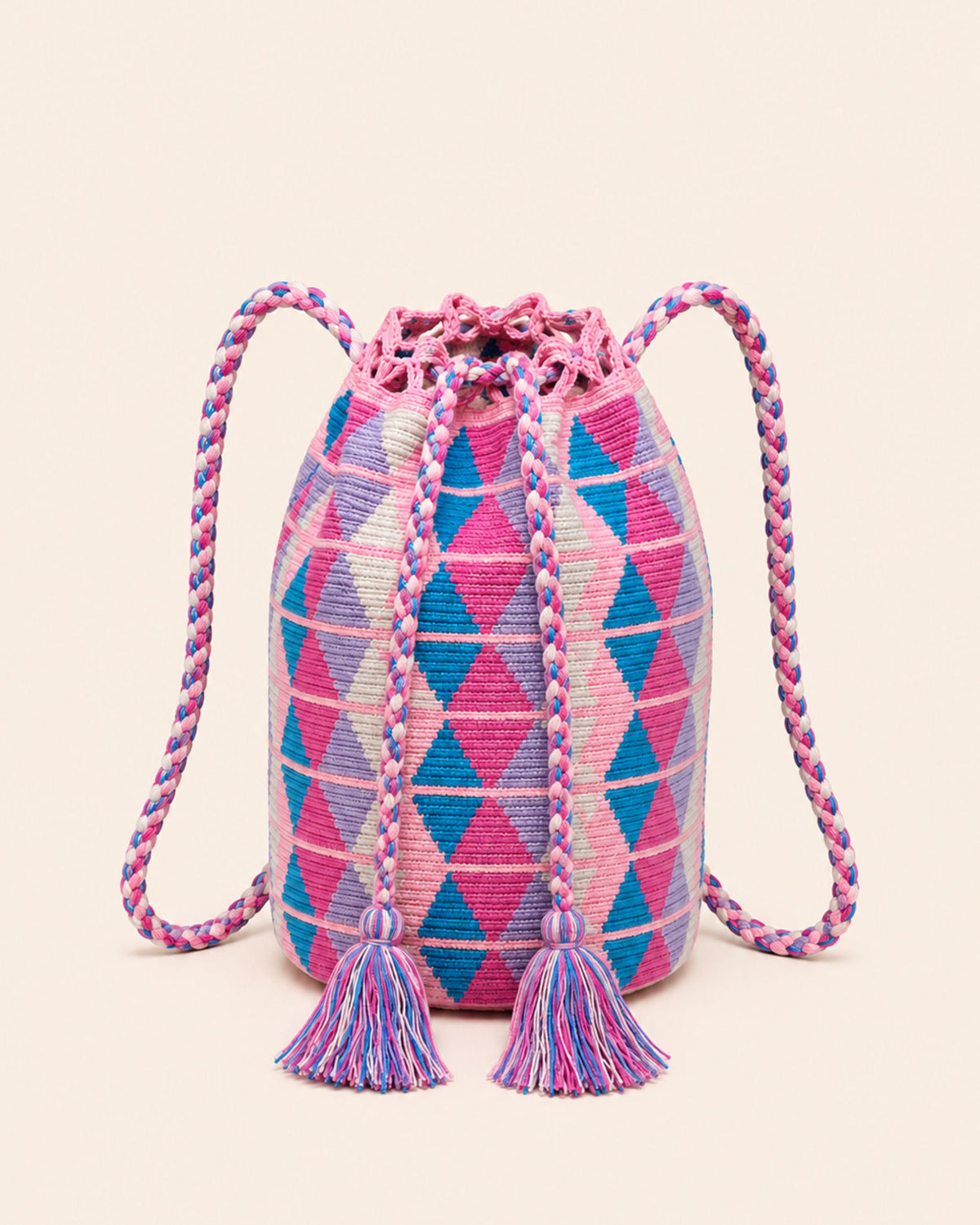 Maresa Pink Diamond Wayuu Crochet Handwoven Drawstring Backpack front view 