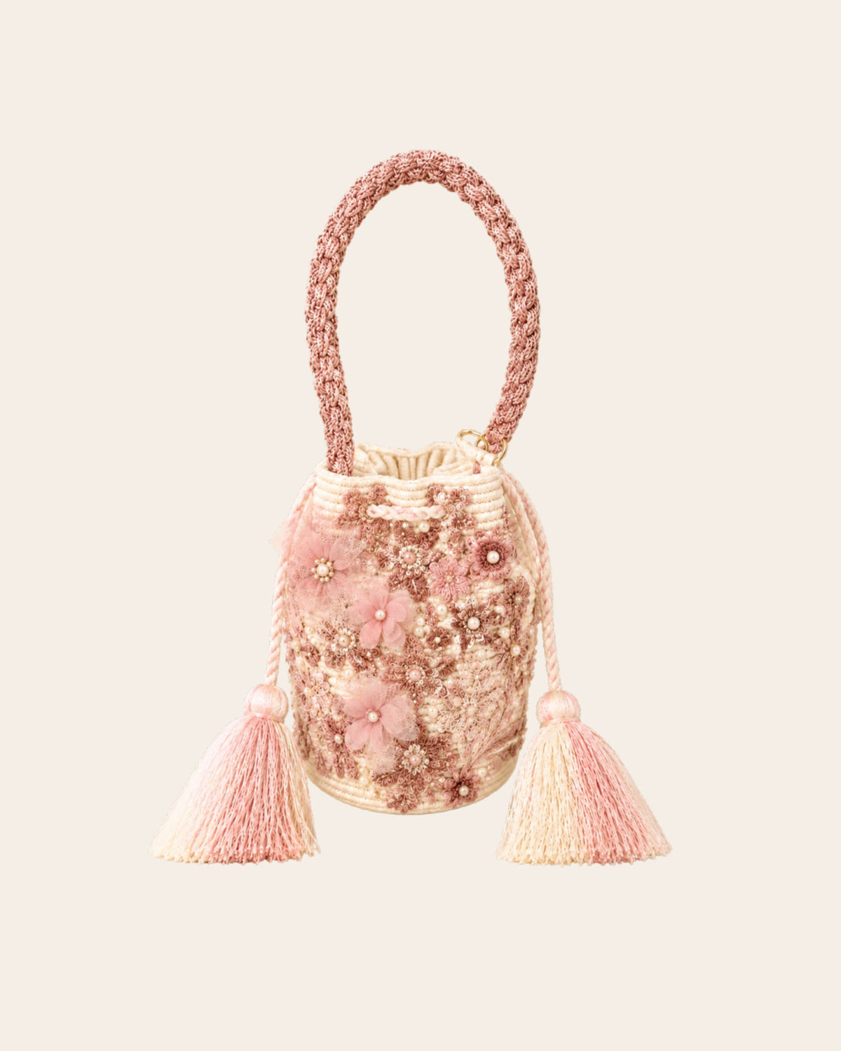 Pink and ivory handcrafted embellished bucket bag with floral details, beads, sequins and tassels 