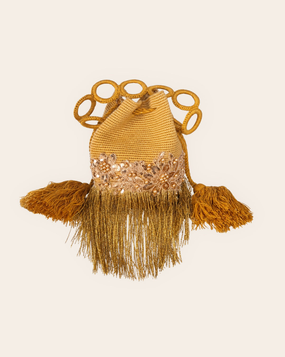 Maresa Golden Ochre Fringe Embellished Handmade Occasion Bag front view 