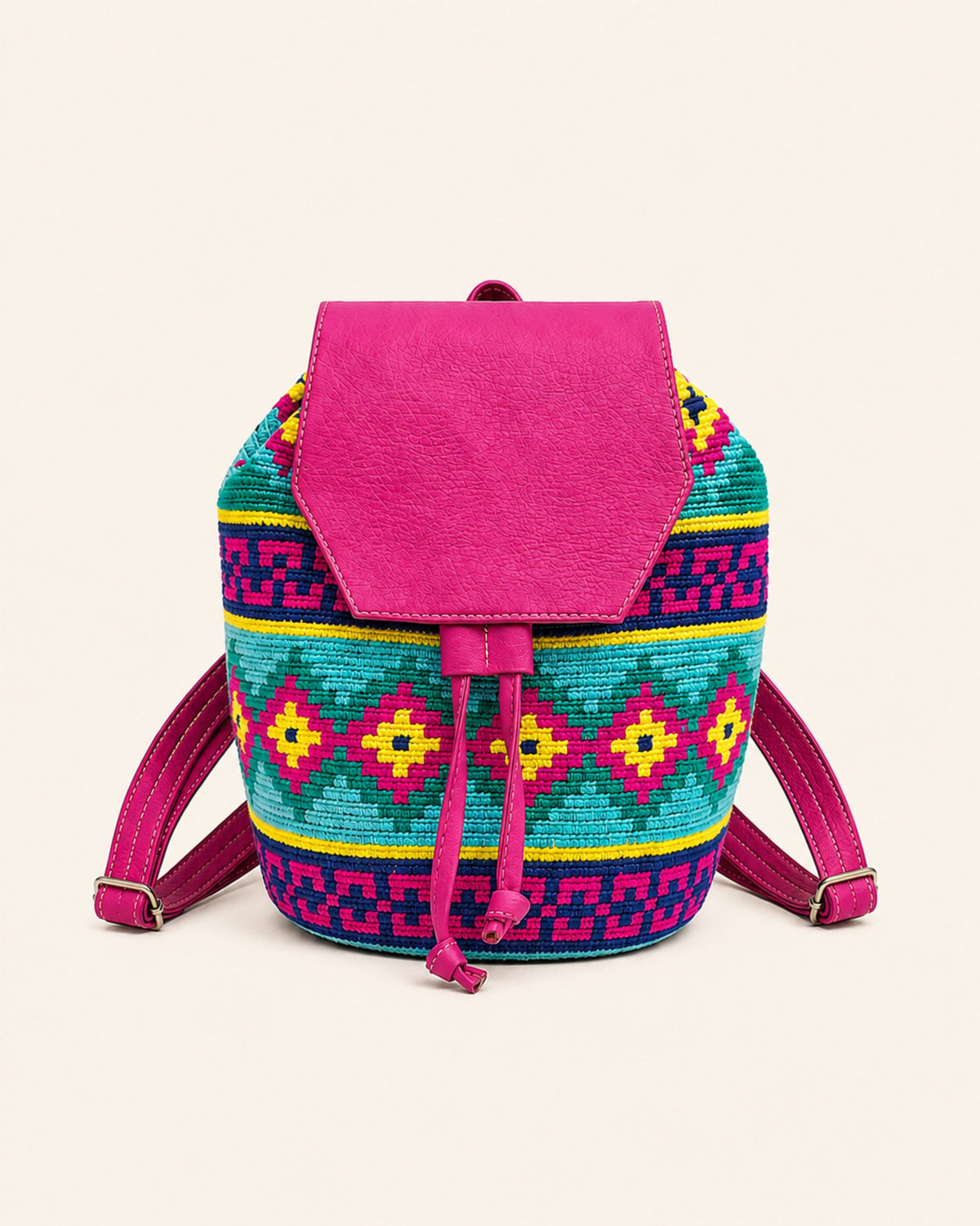 1.	Maresa Fuchsia & Turquoise Wayuu Crochet Flap Backpack front view 