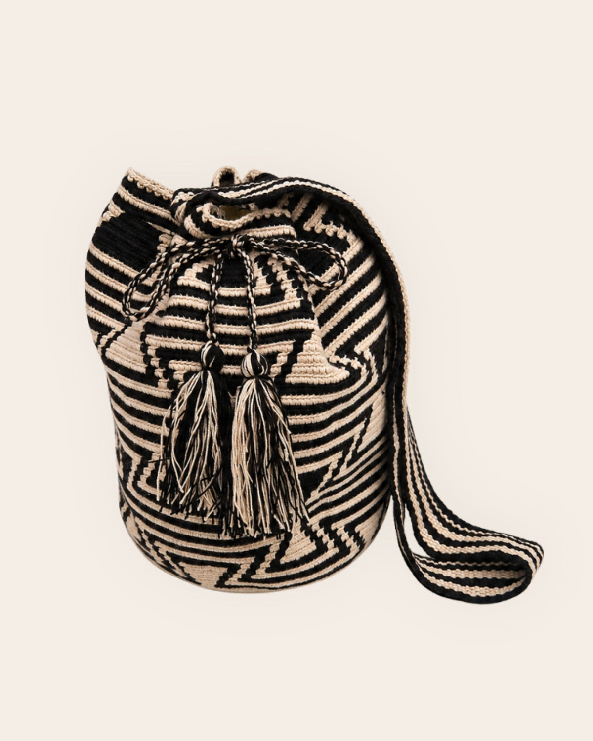 Sand and black Wayuu crochet Classic Mochila with geometric pattern