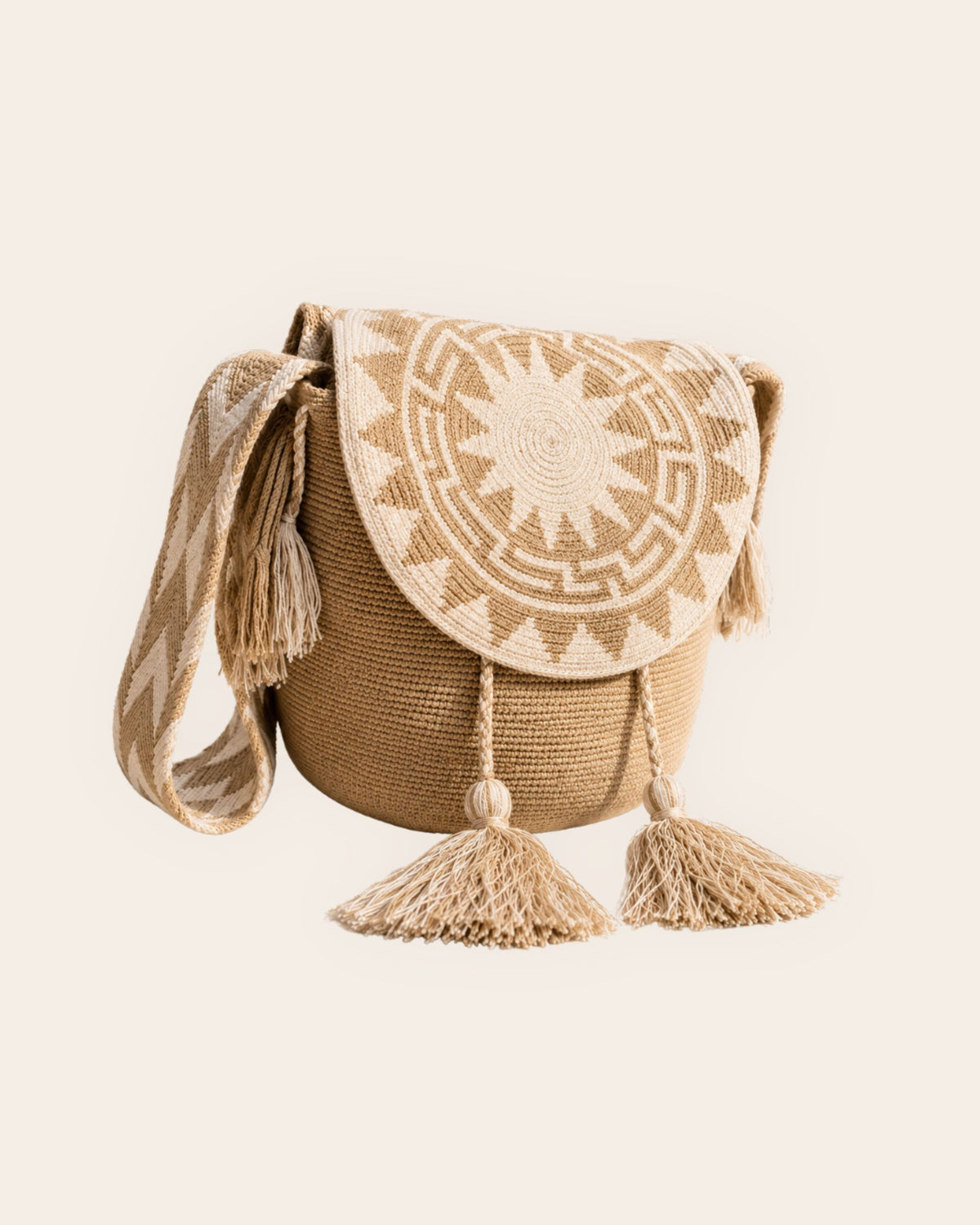 Sand & Ivory Wayuu crochet artisan flap bucket bag front view