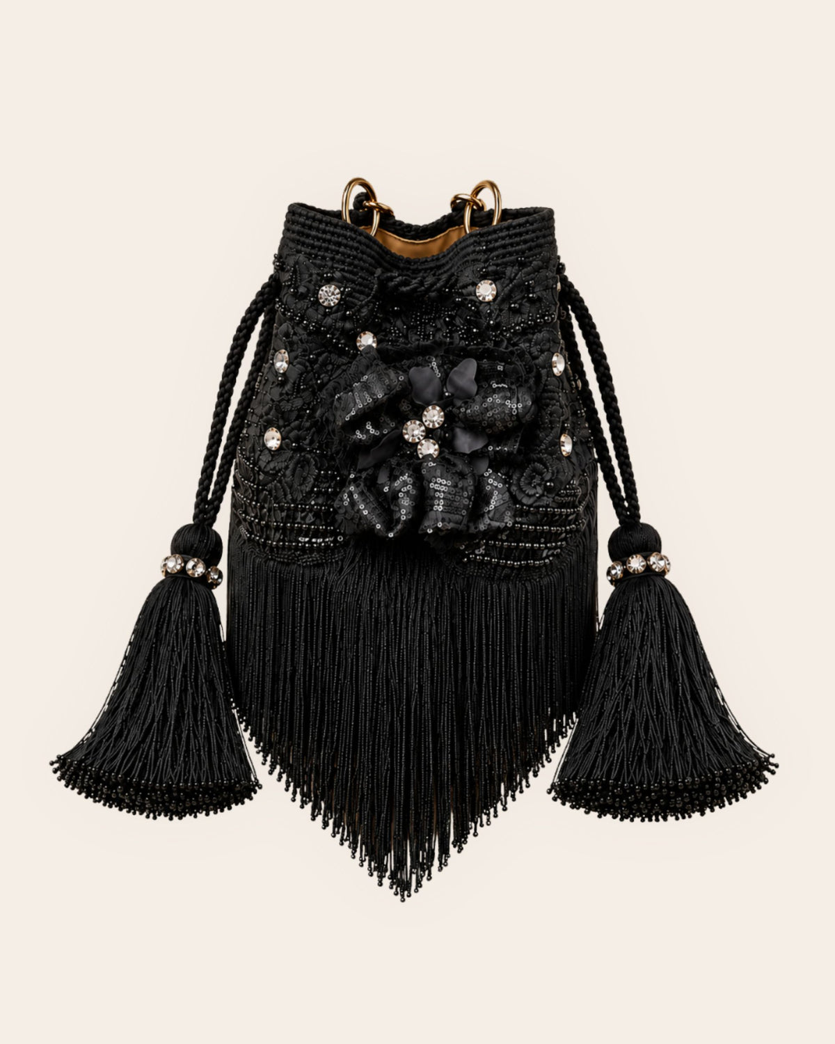 Maresa Midnight Noir Floral Embellished Handmade Occasion Bag front view 