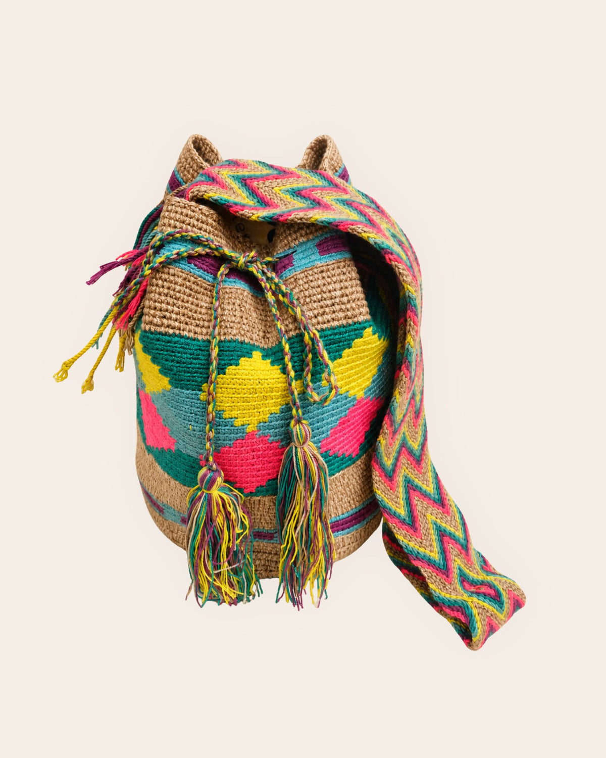 Maresa sand multicolour diamond pattern Wayuu crochet classic mochila front view 