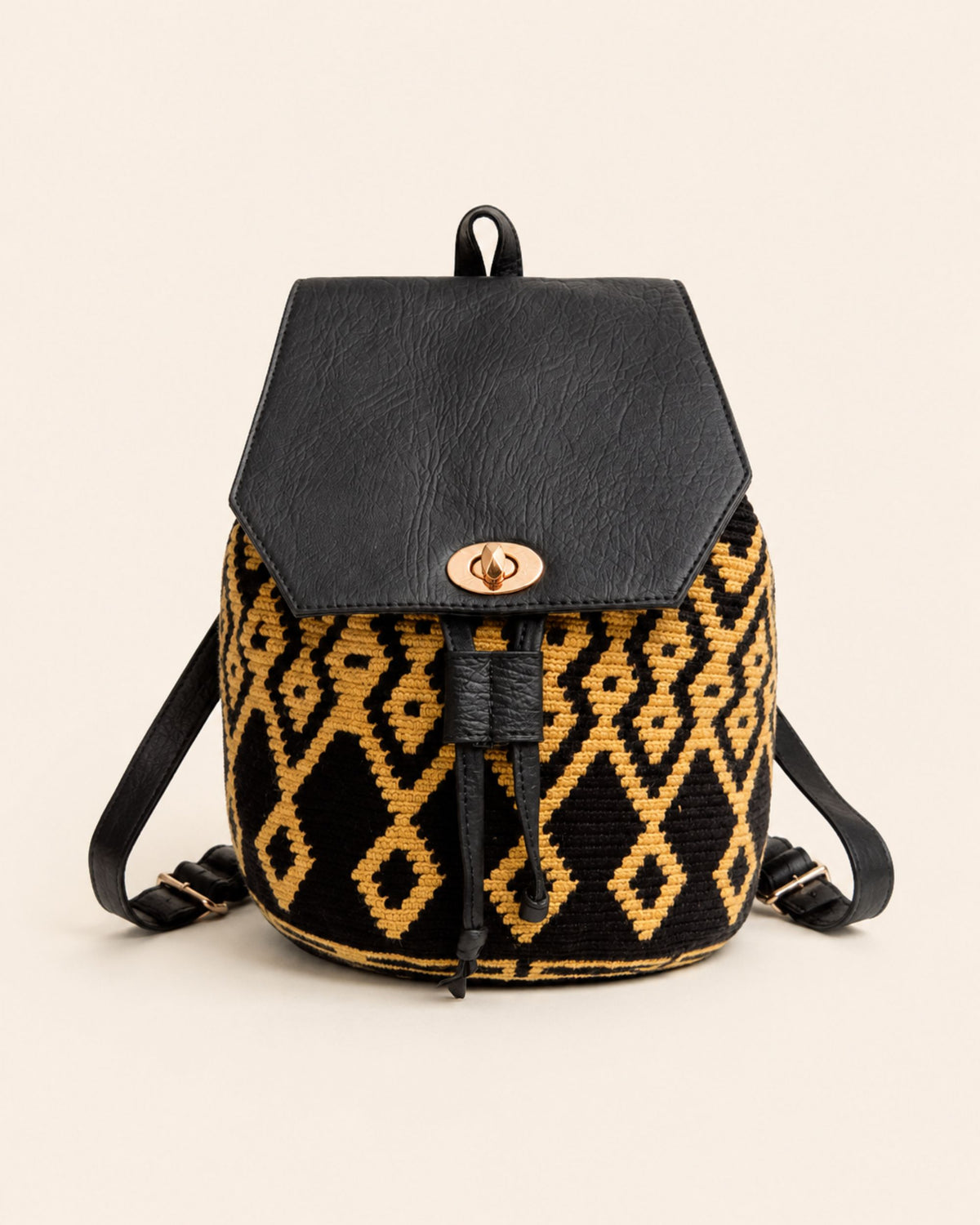 Maresa Black & Camel Wayuu Crochet Flap Backpack front view 