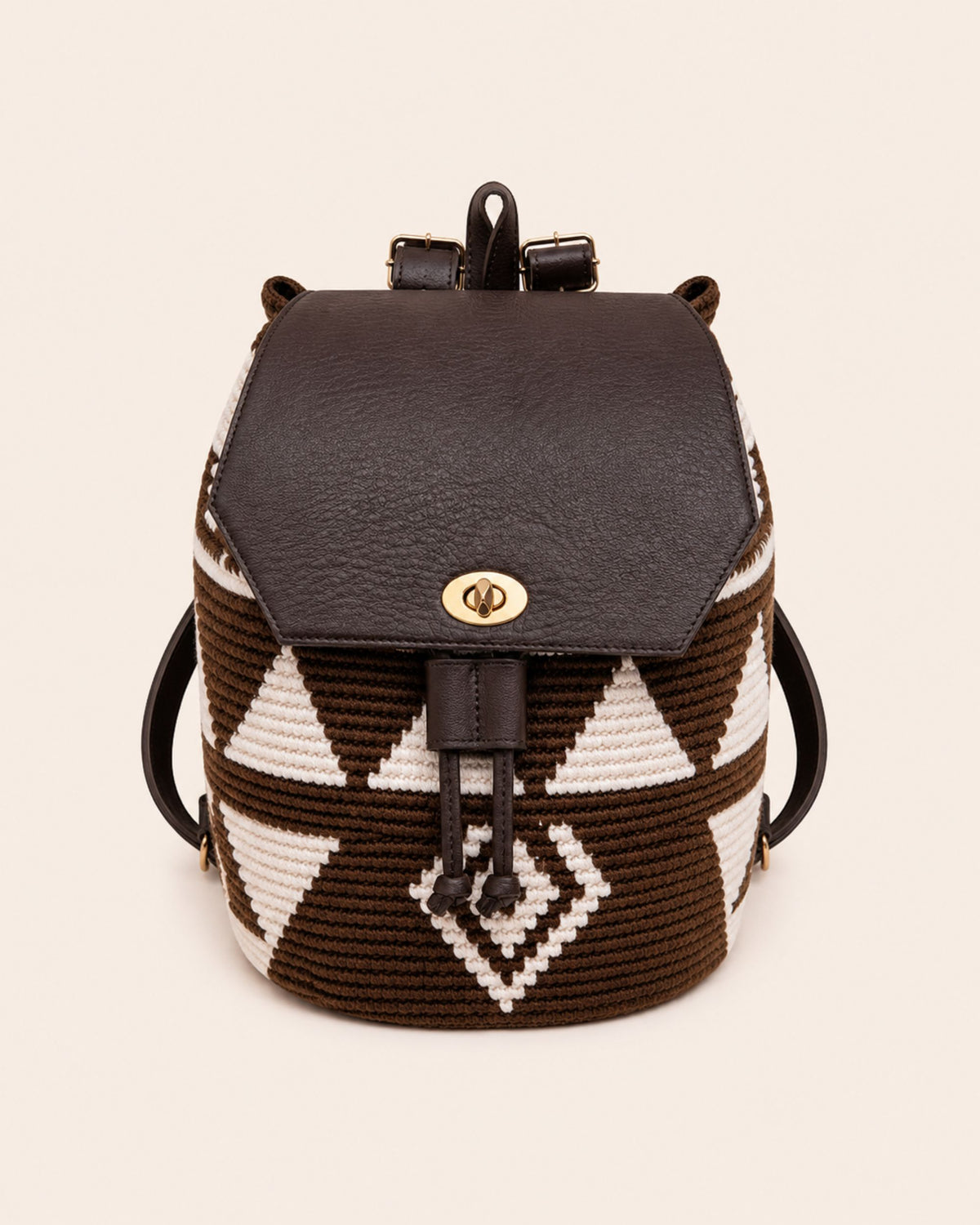 Maresa Chocolate & Ivory Wayuu Crochet Flap Backpack front view