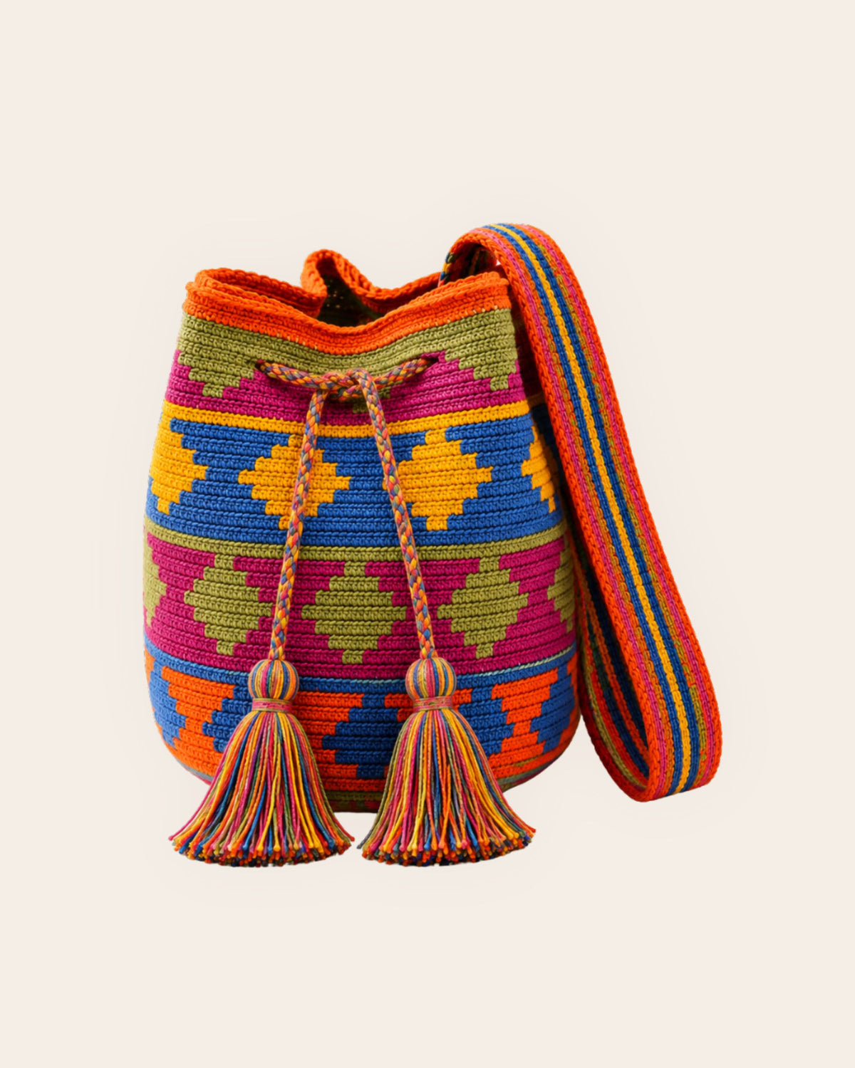 Maresa Orange, Blue & Fuchsia Wayuu Crochet Mochila front view.