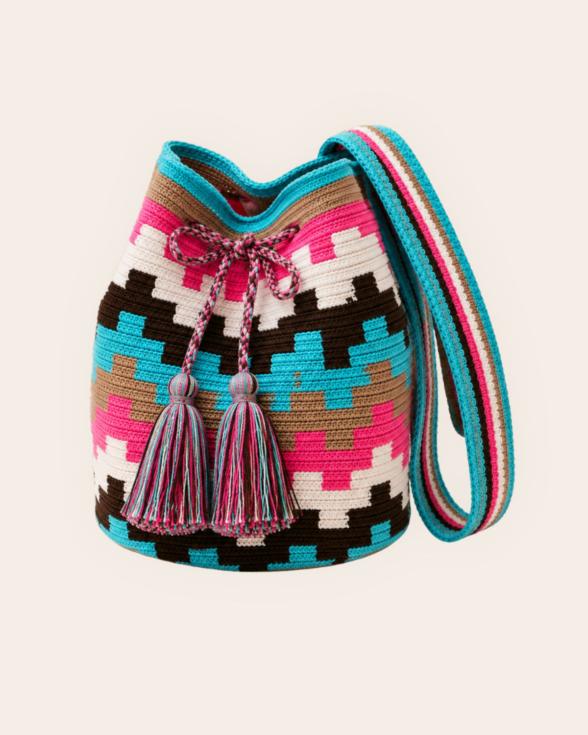 Maresa Turquoise, Fuchsia & Chocolate Wayuu Crochet Mochila front view.
