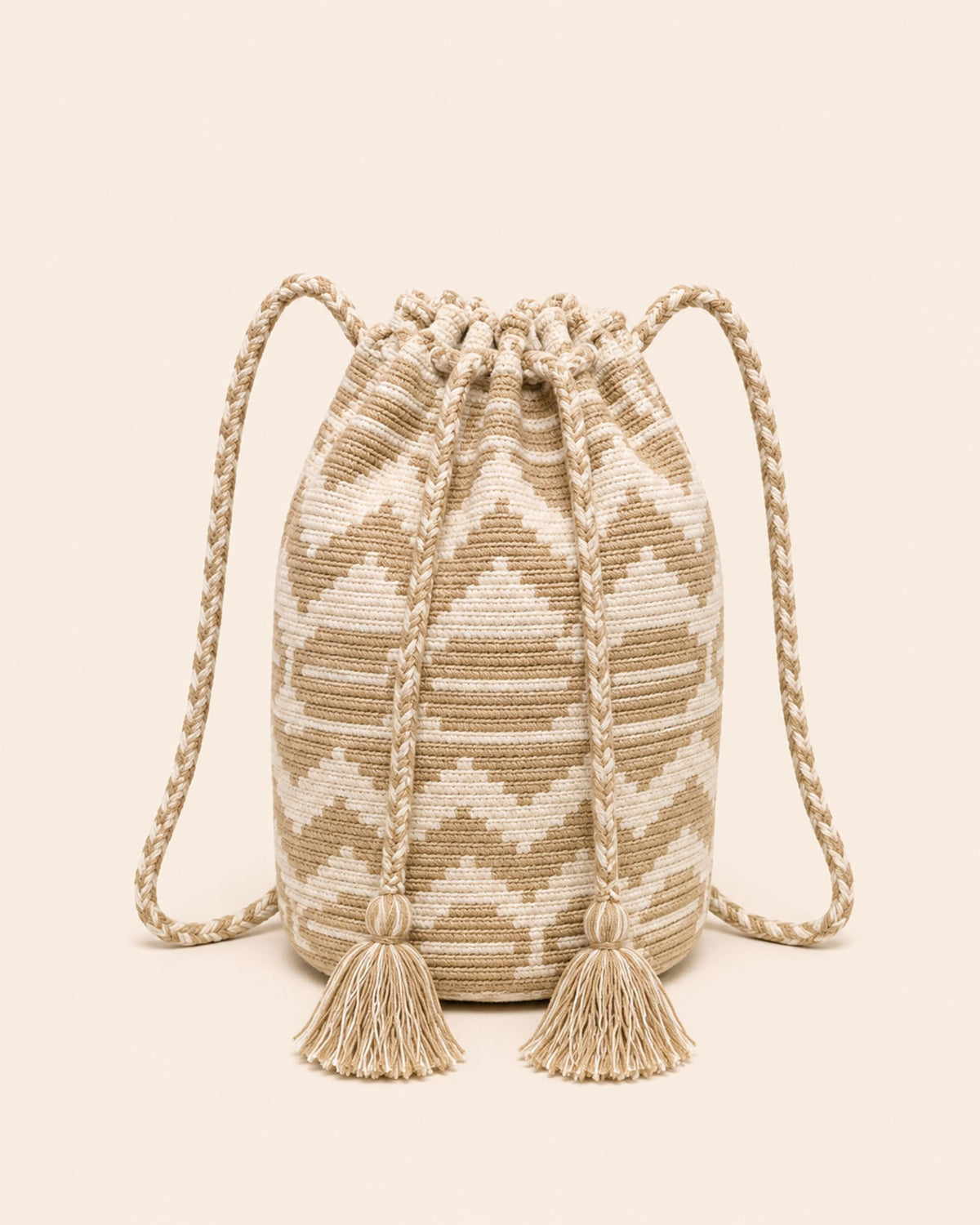 Maresa Sand & Ivory Wayuu Crochet Handwoven Drawstring Backpack front view 