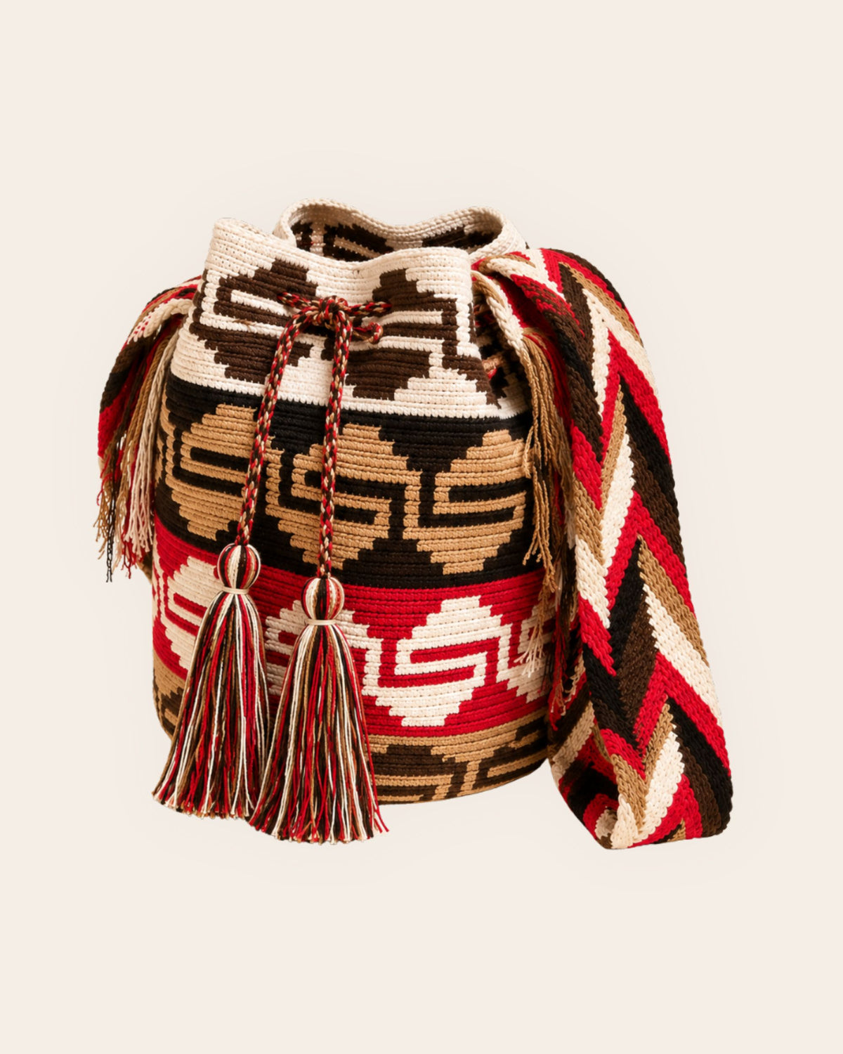 Maresa Red, Camel & Black Maze Pattern Wayuu Crochet Classic Mochila front view