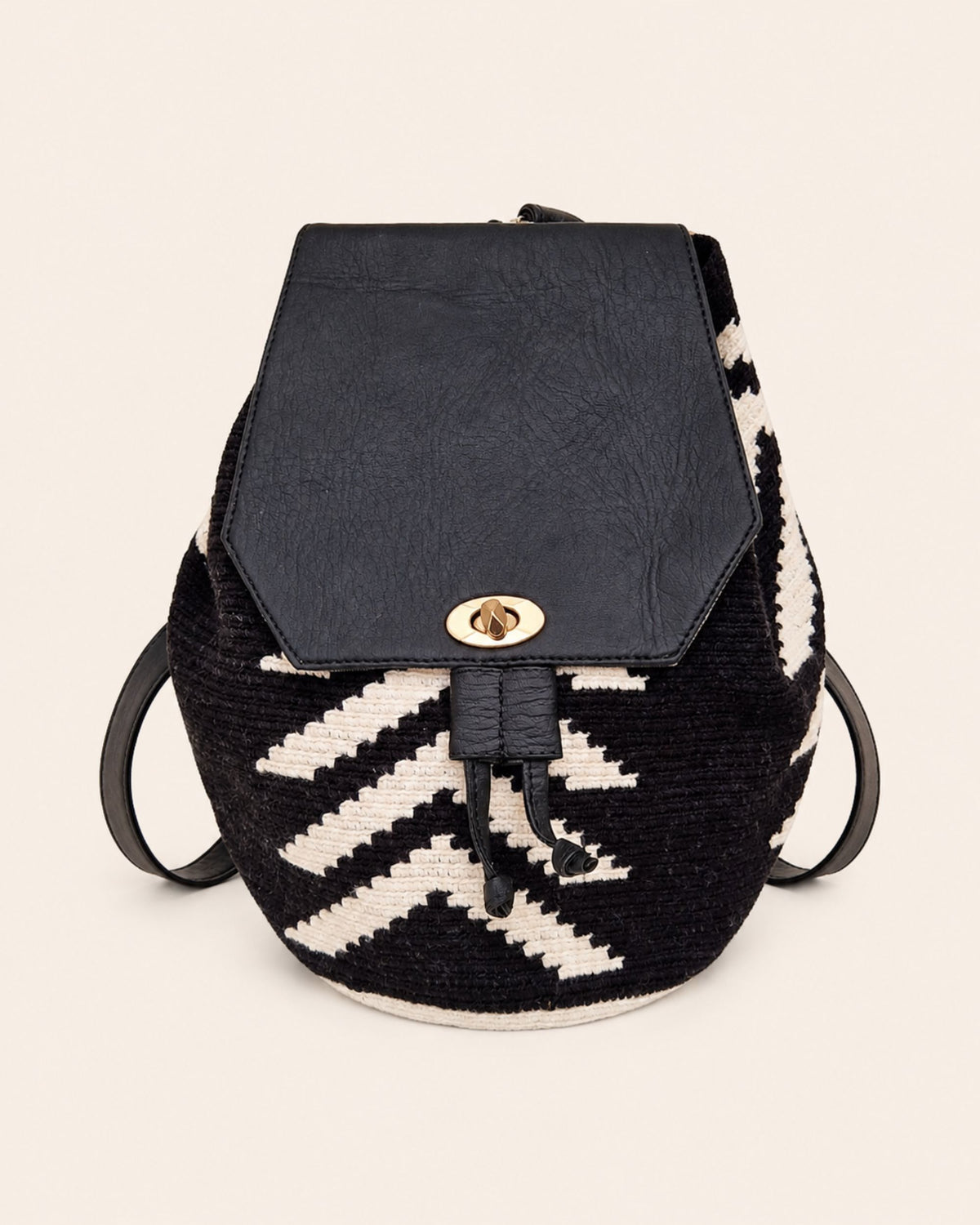 Maresa Black & White Wayuu Crochet Flap Backpack front view 