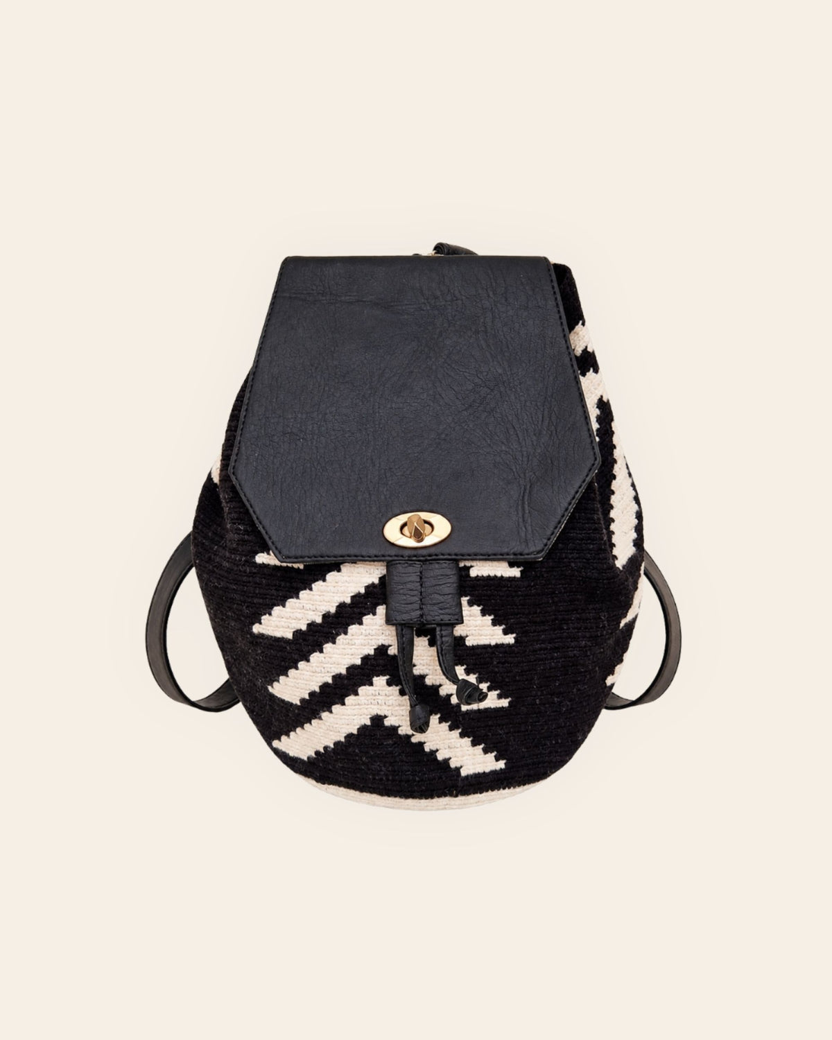 Maresa Black & White Wayuu Crochet Flap Backpack front view 