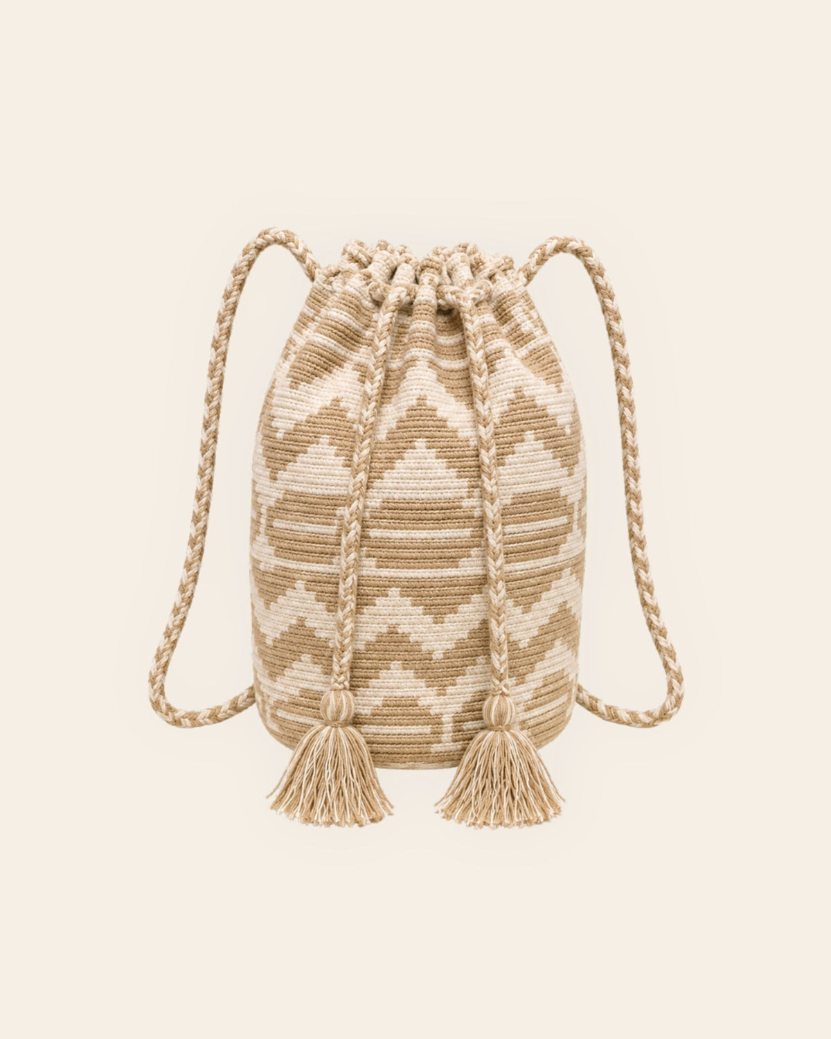 Maresa Sand & Ivory Wayuu Crochet Handwoven Drawstring Backpack front view 