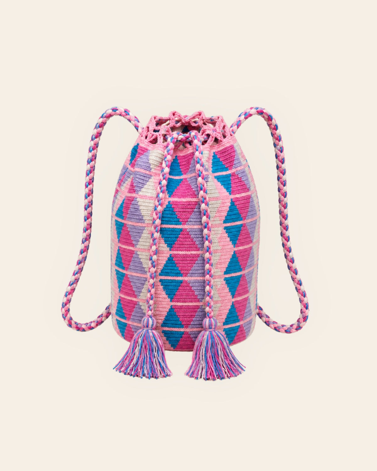 Maresa Pink Diamond Wayuu Crochet Handwoven Drawstring Backpack front view 