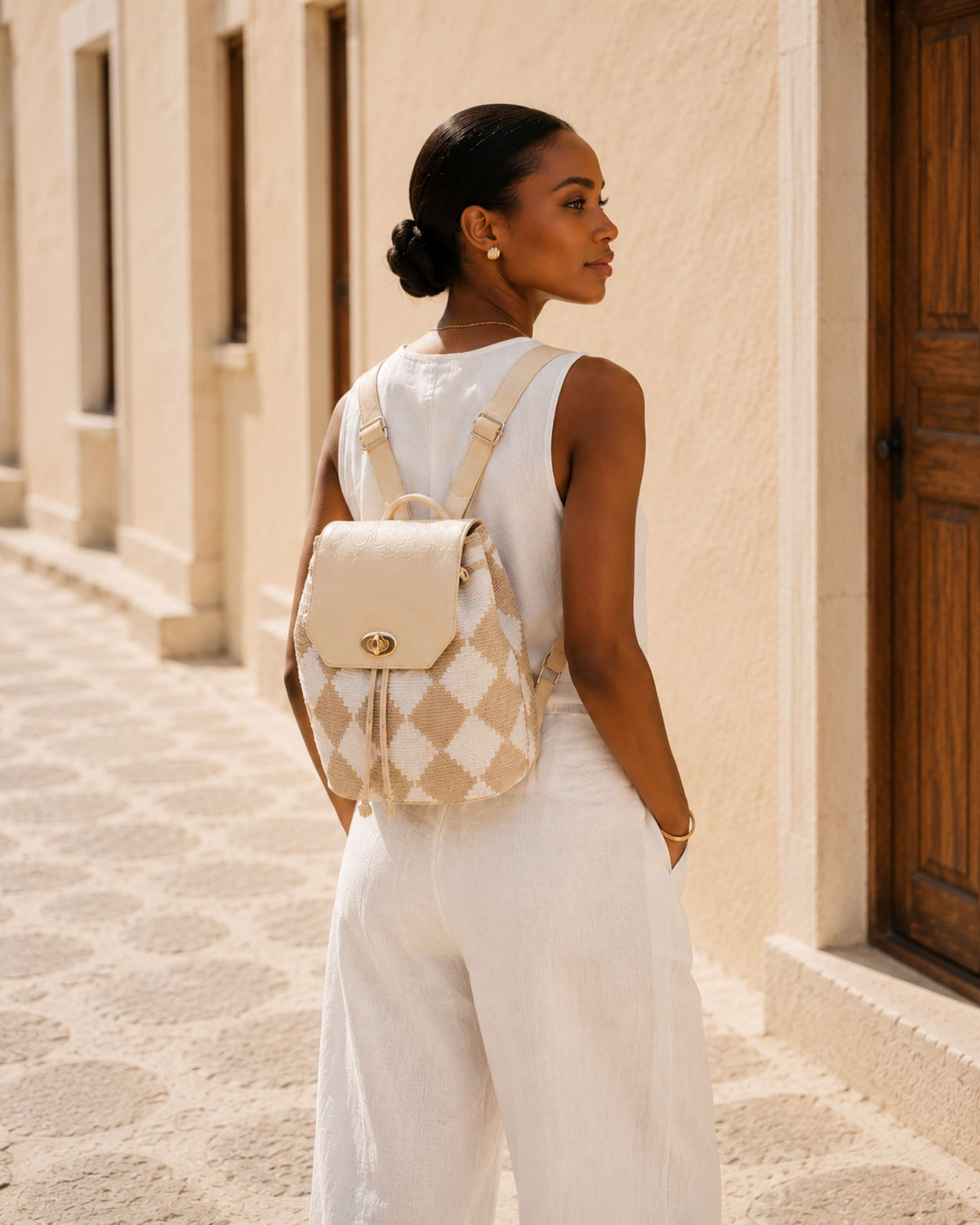 Maresa Sand Diamond Wayuu Crochet Flap Backpack lifestyle image 