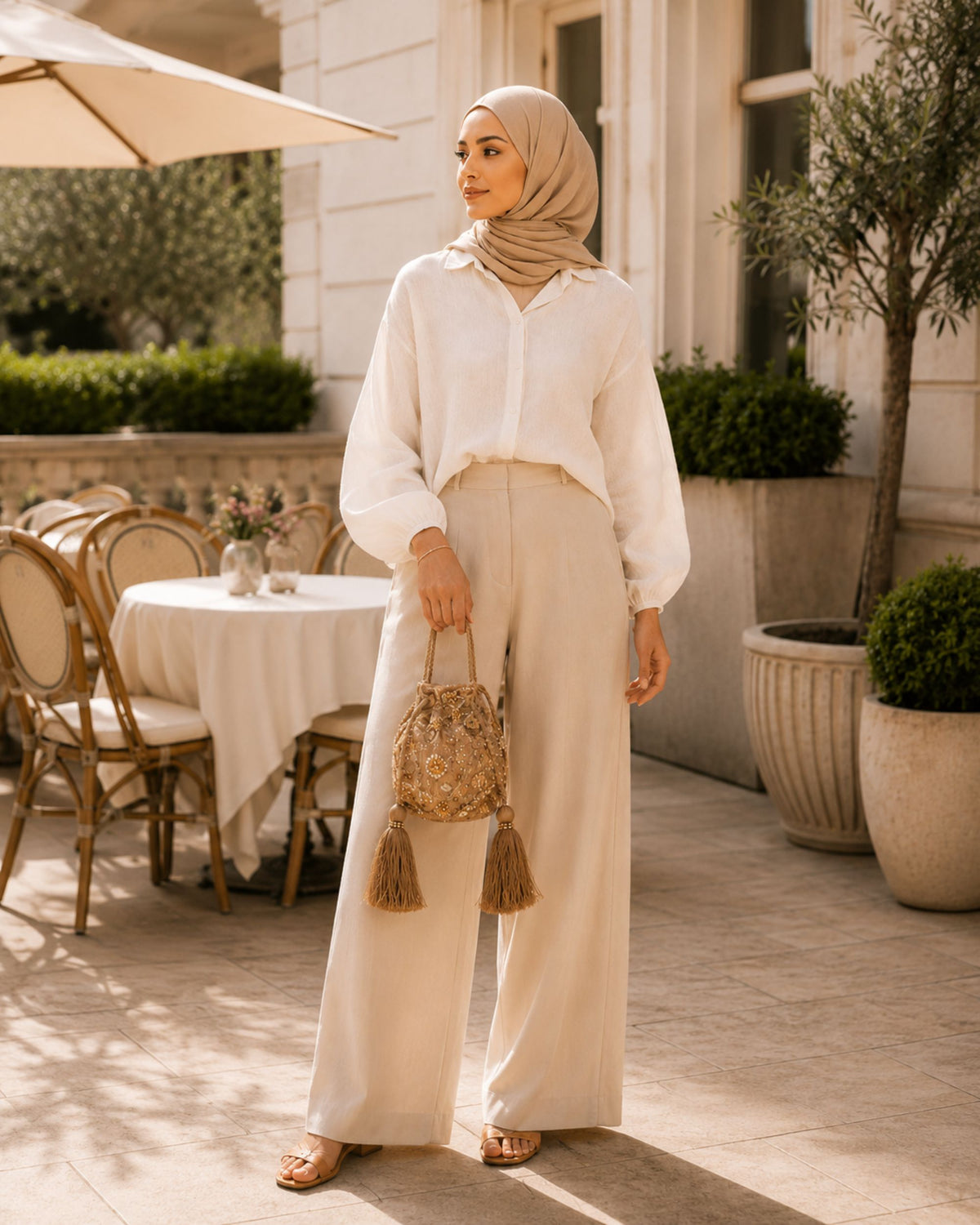 Champagne gold embellished occasion bag with tassels carried at an elegant outdoor daytime setting 