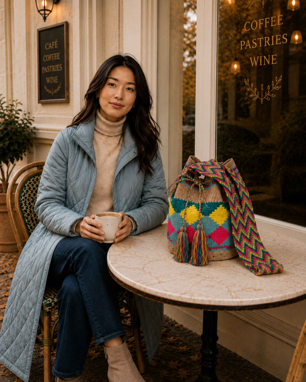 Model wearing Maresa sand multicolour diamond Wayuu crochet mochila in city setting 
