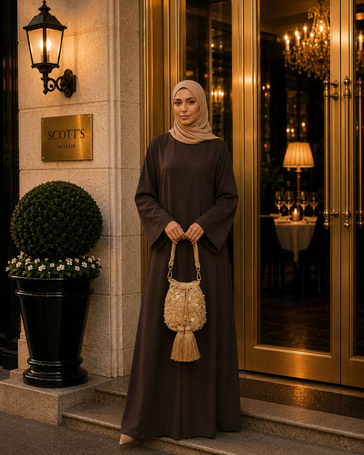 Champagne gold handmade occasion bag with tassels styled for an elegant evening occasion 