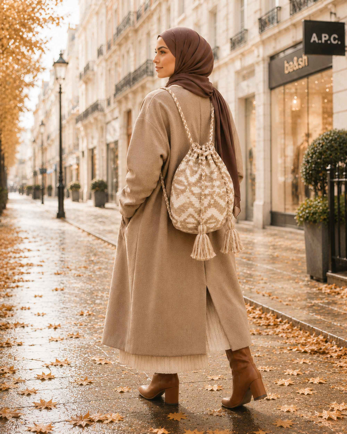 Maresa Sand & Ivory Handwoven Drawstring Backpack autumn lifestyle 