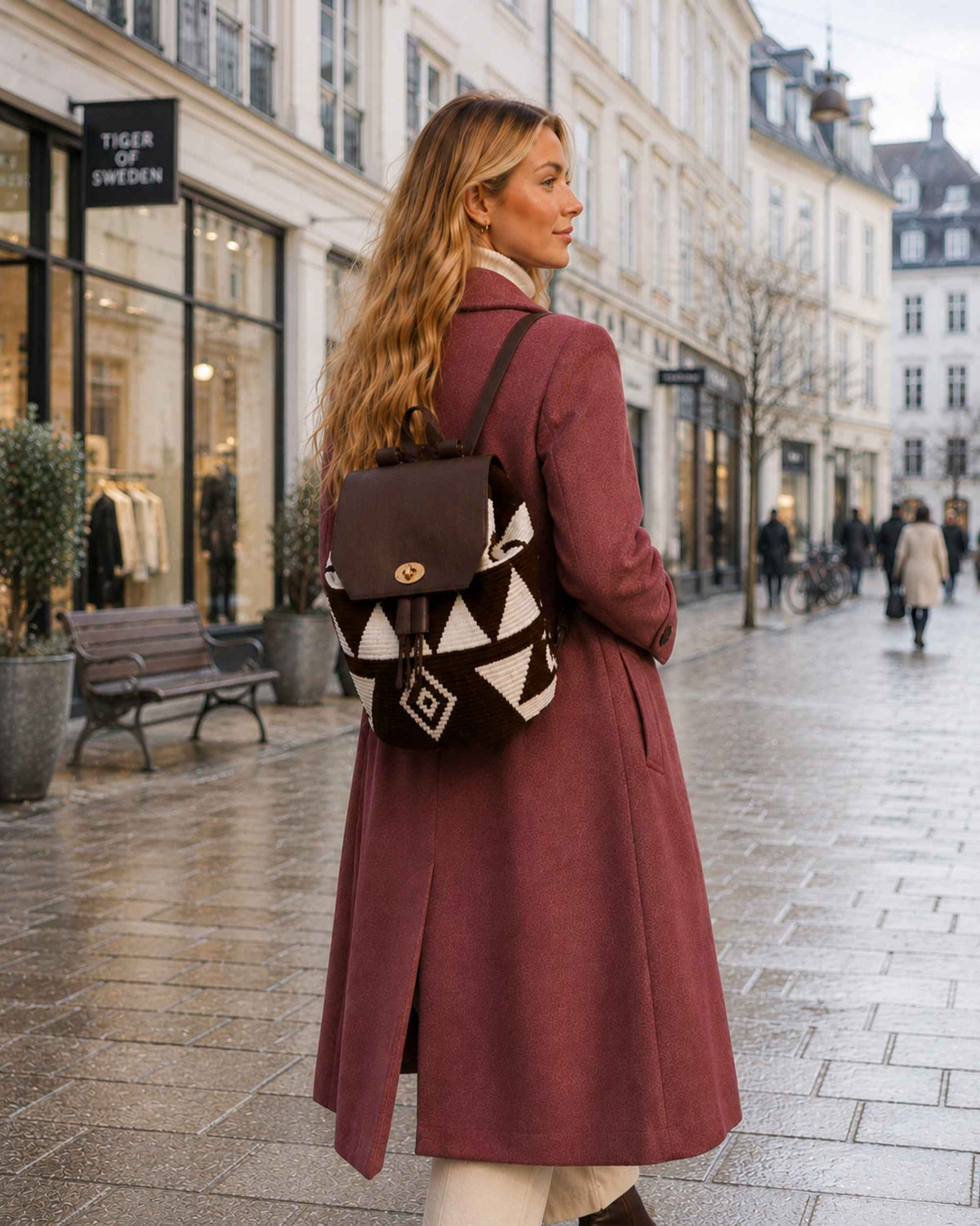 Maresa Chocolate & Ivory Wayuu Crochet Flap Backpack autumn lifestyle