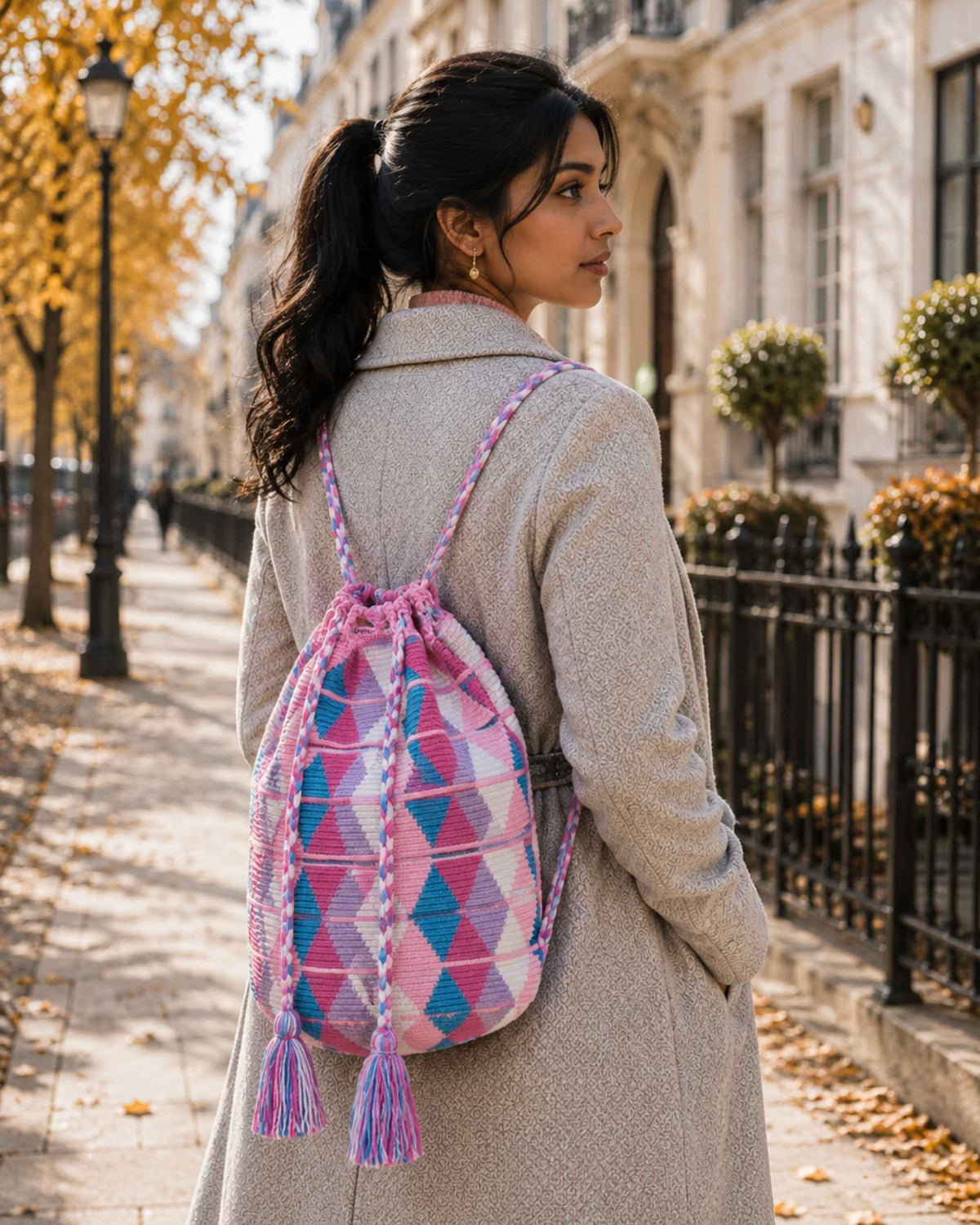 Maresa Pink Diamond Handwoven Drawstring Backpack autumn lifestyle 