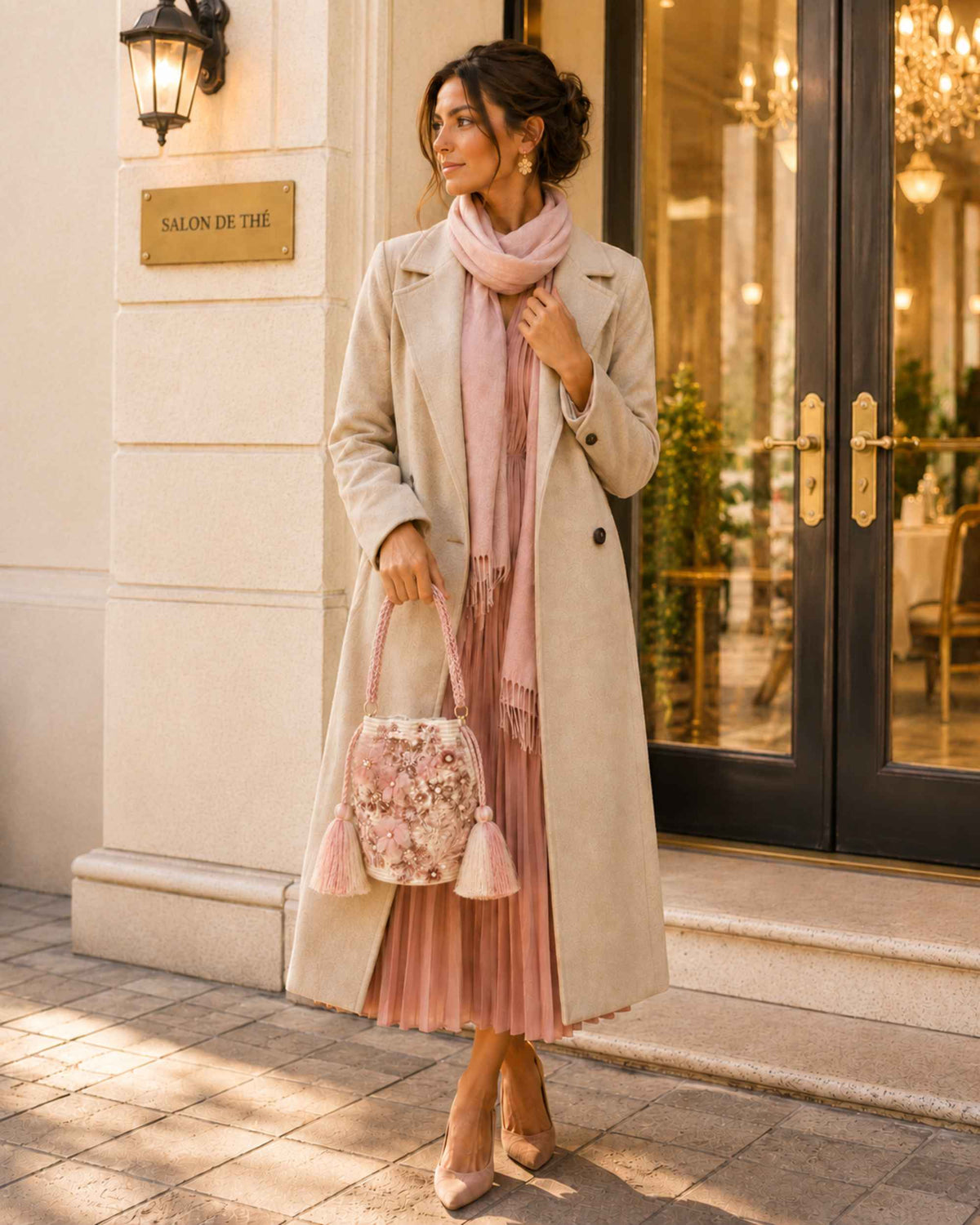 Woman carrying a pink and ivory embellished bucket bag with a neutral coat and pink dress 